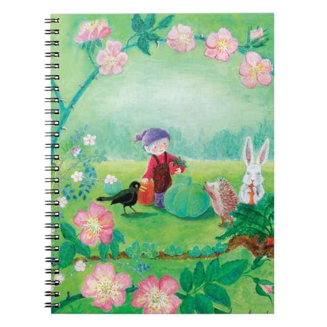 Cuaderno Gnome jardener, Blackbird, Hedgehog y Conejo Blanc (Frente)
