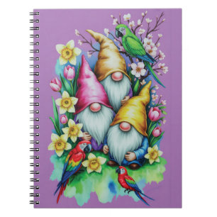 Cuaderno Gnomos de jardín con loros y florales de primavera