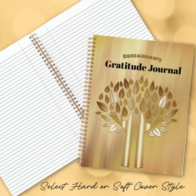 Cuaderno Gold and Black Bokeh Gratitude Cover (Notebook with tree art on front and back cover with template text on front)