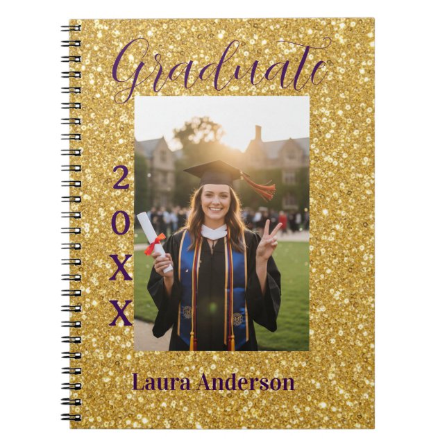 Cuaderno Gold glitter photo graduation add name class text (Frente)