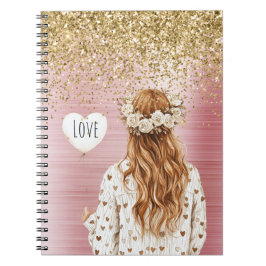 Cuaderno Gold Glitter White Hearts Balloon Red Head Female