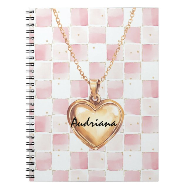 Cuaderno Gold Heart Necklace Pink White Squares (Frente)