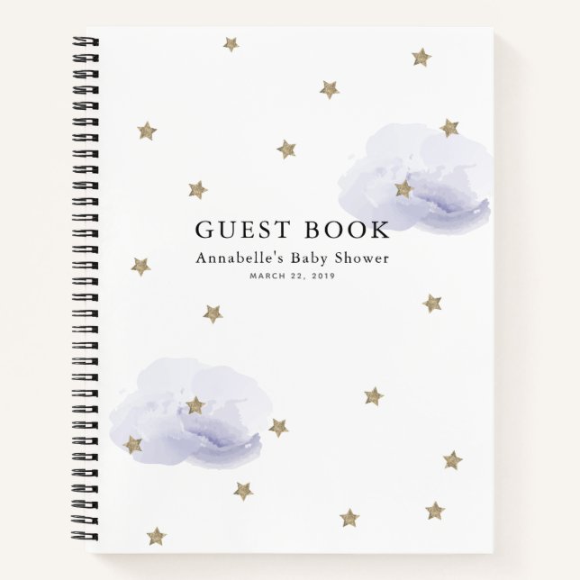 Cuaderno Gold Stars Lavender Clouds Baby Shower Guest Book (Anverso)