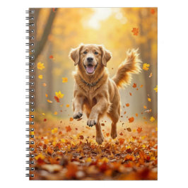Cuaderno Golden Retriever corriendo en el bosque otoñal