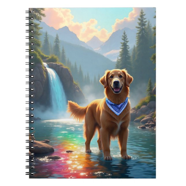 Cuaderno Golden Retriever en un río arcoíris de fantasía (Frente)