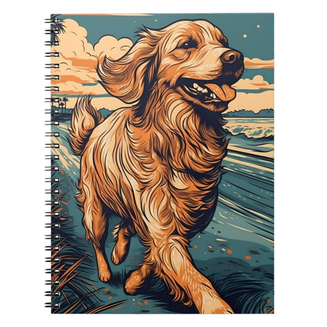 Cuaderno Golden Retriever en una playa tropical al atardece (Frente)