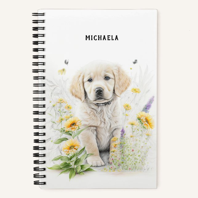 Cuaderno Golden Retriever Puppy Florals Monograma Nombre (Anverso)