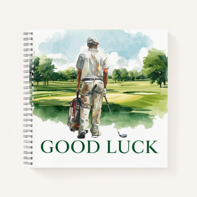 Cuaderno Golfista en calle con texto Buena Suerte  (Anverso)