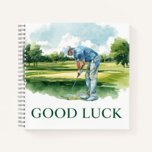 Cuaderno Golfista en calle con texto Buena Suerte