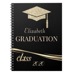 Cuaderno Gorra de graduación con purpurina dorada, promoció