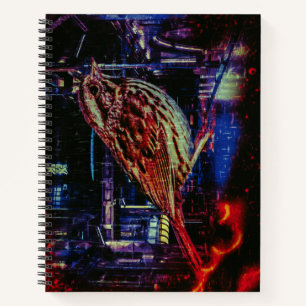 Cuaderno Gorrión Cyberpunk en Paisaje Urbano de Neón