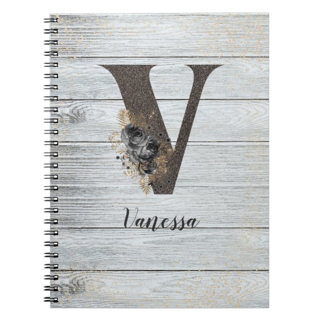 Cuaderno Gótico moderno monogramado Rosa negro V (Frente)