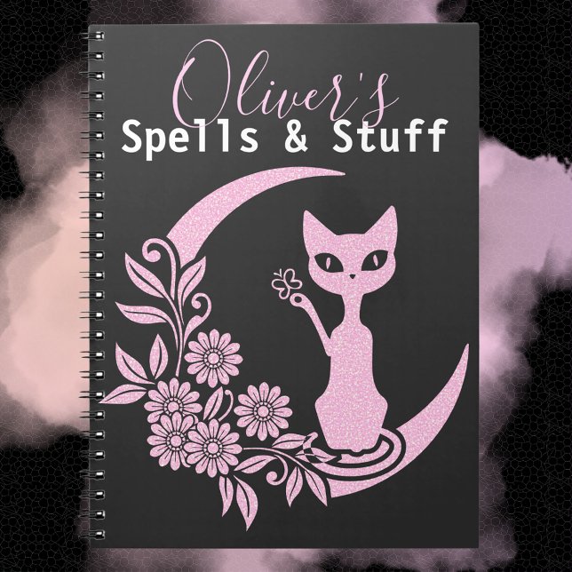 Cuaderno Gótico Pastel Creciente Rosa Moon Kitty Cat Spell (pastel goth notebook witch witchy pagan crescent moon kitty cat pink flowers spells book of shadows)