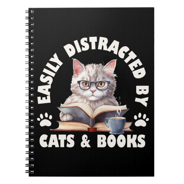 Cuaderno Gracioso Distraído Fácilmente Por Gatos Y Libros (Frente)