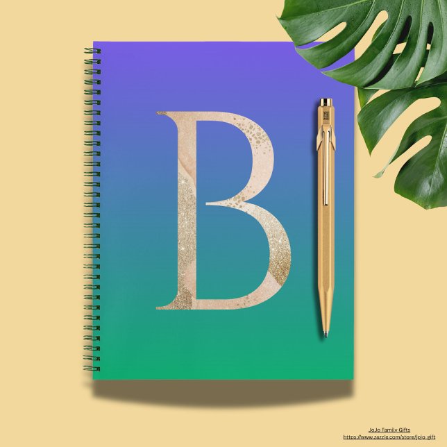 Cuaderno Gradiente colorido moderno en azul y verde (Colorful gradient background in blue and green with big letter B. Glitter notebooks for her.)