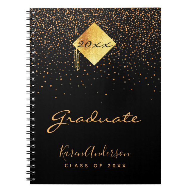 Cuaderno Graduación 2021 confetti de oro negro para graduad (Frente)