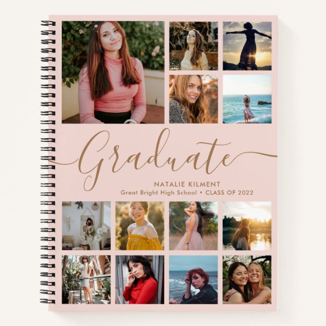 Cuaderno Graduado de Collage de fotos Rosa y Oro (Anverso)