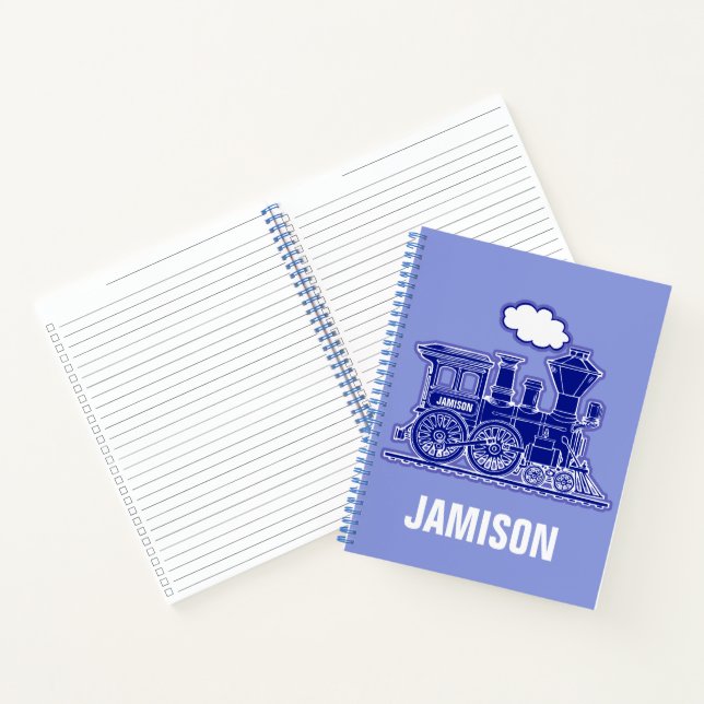 Cuaderno Gráfica del tren de vapor en azul con nombre perso (Interior)