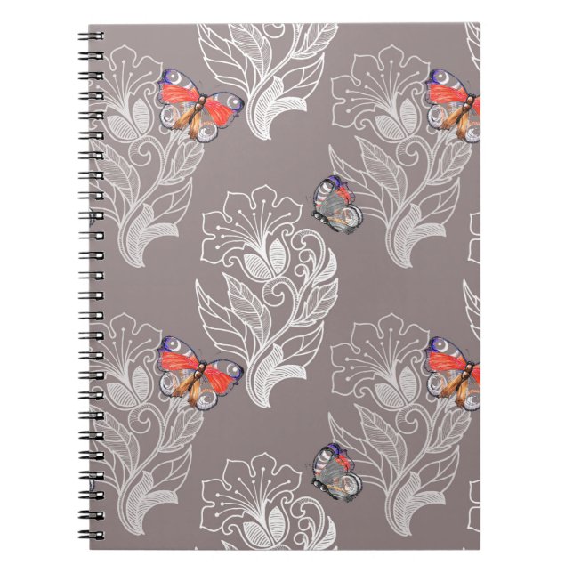 Cuaderno Gráfico de flores y mariposa, acuarela, patrón (Frente)