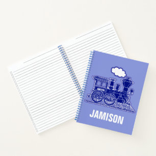 Cuaderno Gráfico de tren de vapor en azul con nombre person