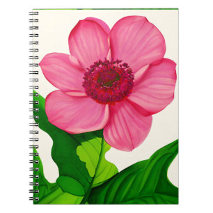 Cuaderno Gran anémona rosa con hojas verdes de esmeralda