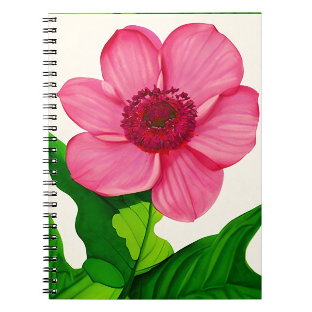Cuaderno Gran anémona rosa con hojas verdes de esmeralda (Frente)