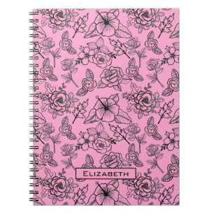 Cuaderno Gran flor patrón floral nombre personalizado rosa
