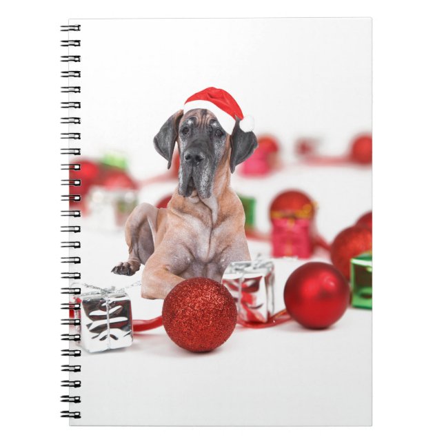 Cuaderno Gran perro danés con regalos de adornos navideños (Frente)