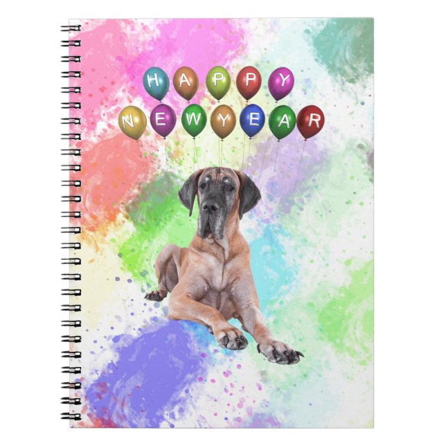 Cuaderno Gran perro danés deseando feliz año nuevo (Frente)
