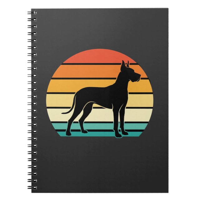 Cuaderno Gran Silueta de Perro Danois Retro Atardecer (Frente)