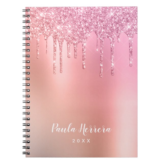 Cuaderno Grandioso oro rosa rosa y goteo de purpurina de co (Frente)