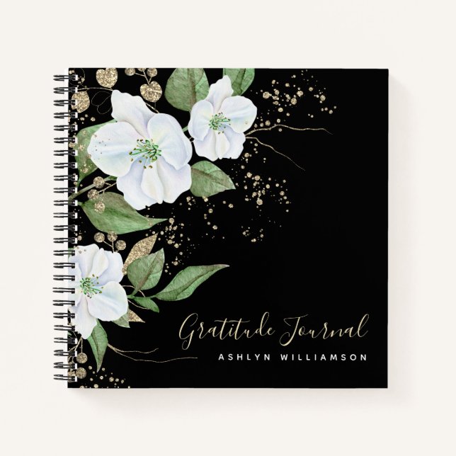Cuaderno Gratitud de la Moda de acuarela floral Black Gold  (Anverso)