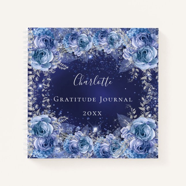 Cuaderno Gratitude journal flores azules nombre de purpurin (Anverso)