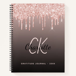 Cuaderno Gratitude Journal rosa purpurina de oro monograma