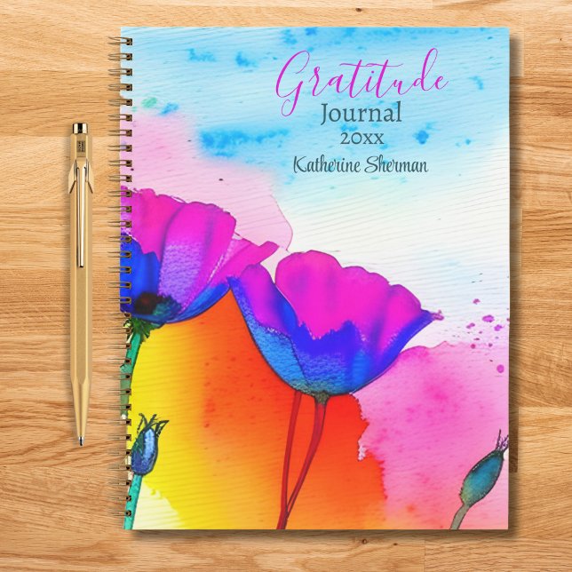 Cuaderno Gratitude Journal Watercolor Floral Poppies (Gratitude Journal: A powerful tool for self-improvement. Write down 3 items daily.)