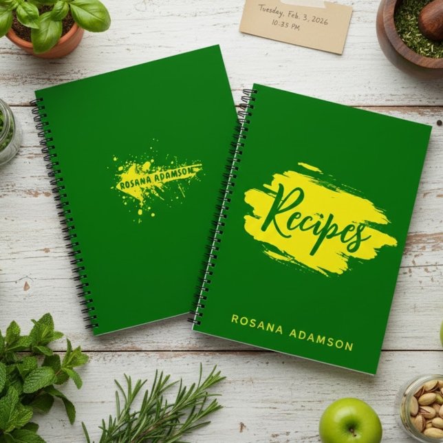 Cuaderno Green Blank Recipe Pages Journal with Yellow Name  (kitchen organization gift, forest green stationery, personalized gift for cook)