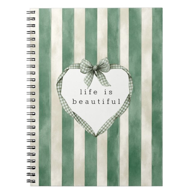 Cuaderno Green Cream Stripes Heart Bow (Frente)