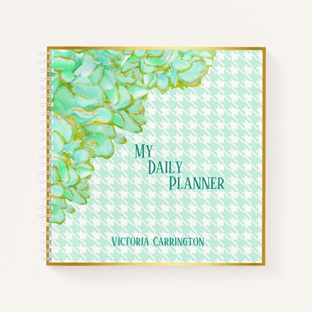Cuaderno Green Floral Daily Planner Houndstoth Name Modern (Anverso)