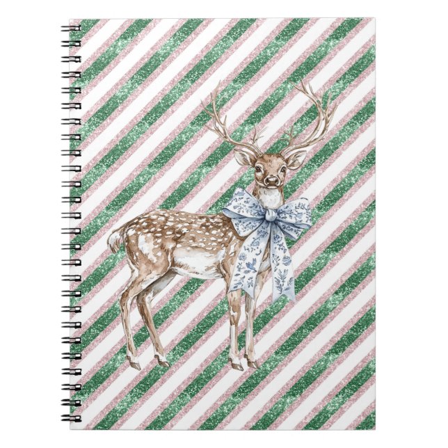 Cuaderno Green Glitter Stripes Blue White Bow Deer  (Frente)