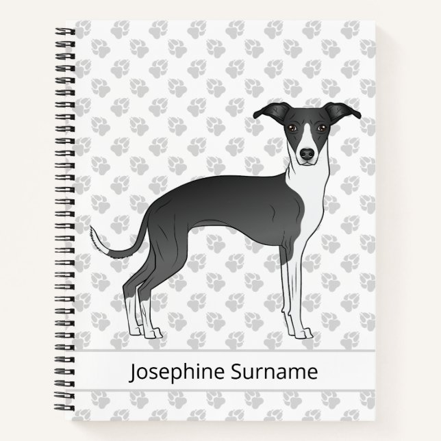 Cuaderno Greyhound Italiano Blanco Y Negro Con Texto Person (Anverso)
