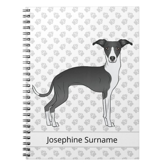 Cuaderno Greyhound Italiano Blanco Y Negro Con Texto Person (Frente)