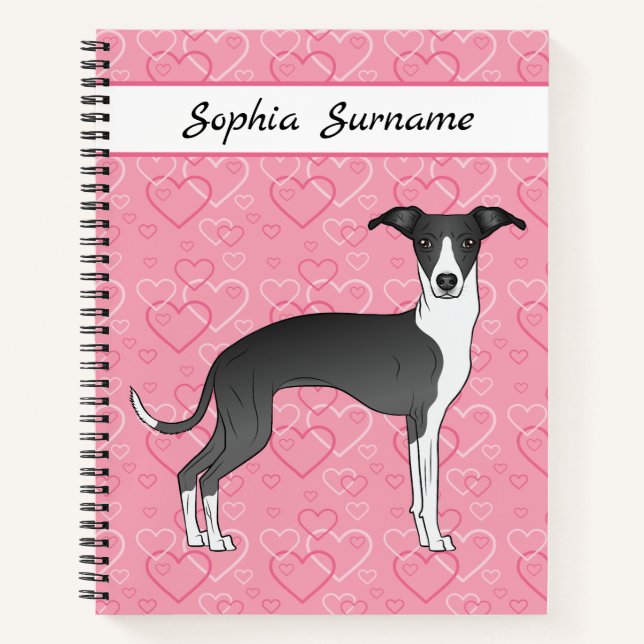 Cuaderno Greyhound Italiano Blanco Y Negro Sobre Corazones  (Anverso)