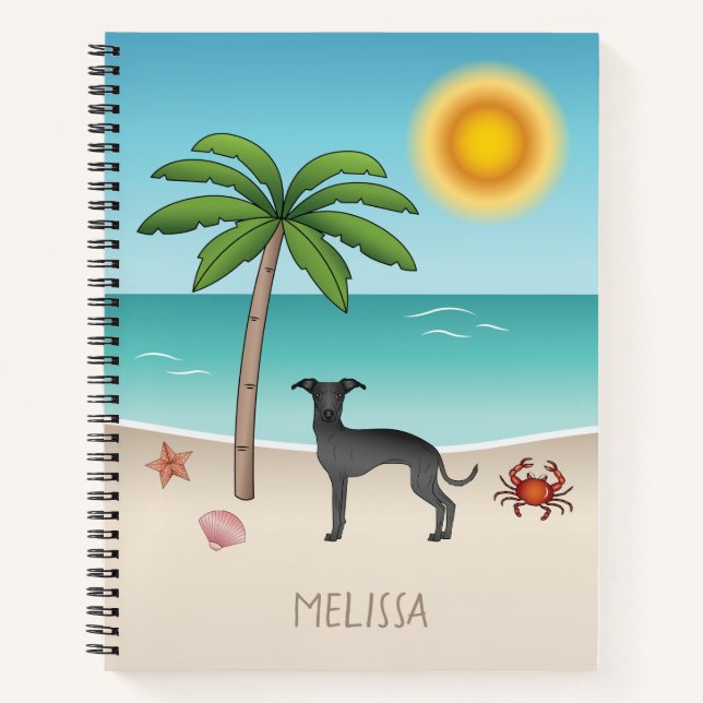 Cuaderno Greyhound Italiano Negro En La Playa Tropical De V (Anverso)