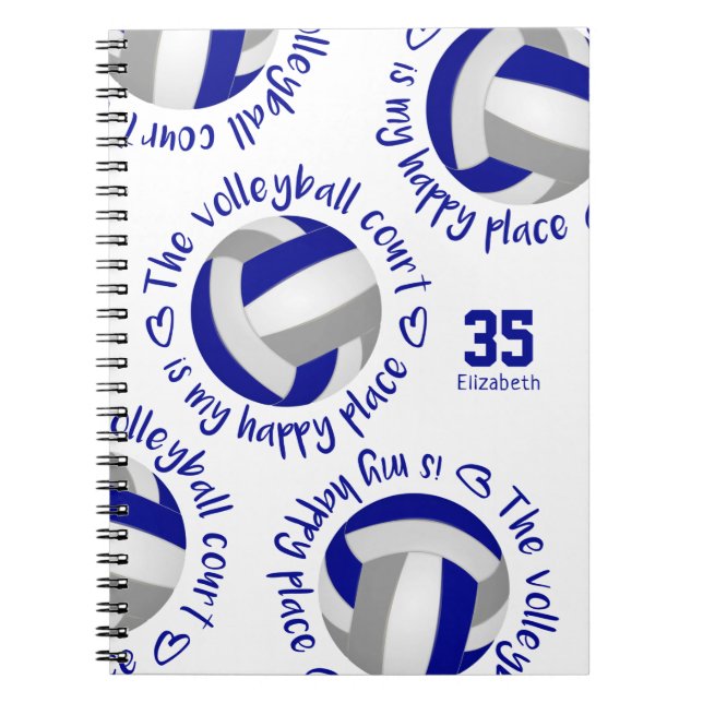 Cuaderno gris azul La cancha de voleibol es mi lugar feliz (Frente)