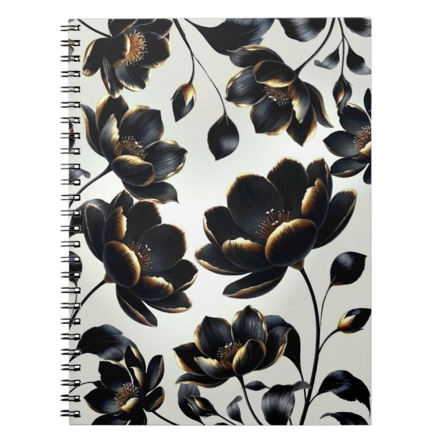 Cuaderno Gris floral negro y dorado elegante Moody oscuro (Frente)