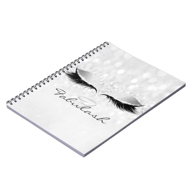 Cuaderno Gris Girly Purpurina Makeup Sparkly Monograma Plat (Lado Izquierdo)
