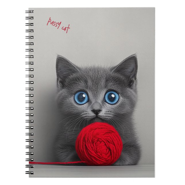 Cuaderno Gris Gris lindo jugando con bolas de lana roja (Frente)