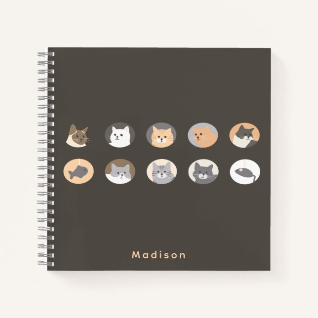 Cuaderno Gris Oscuro de Caritas de Gatos Adorables (Anverso)