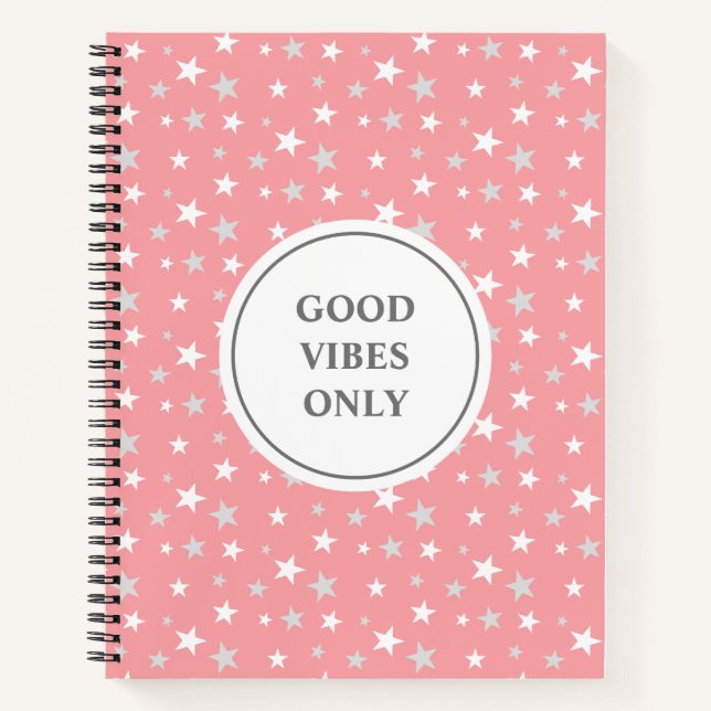 Cuaderno Gris plateado claro y estrellas blancas sobre rosa (Anverso)