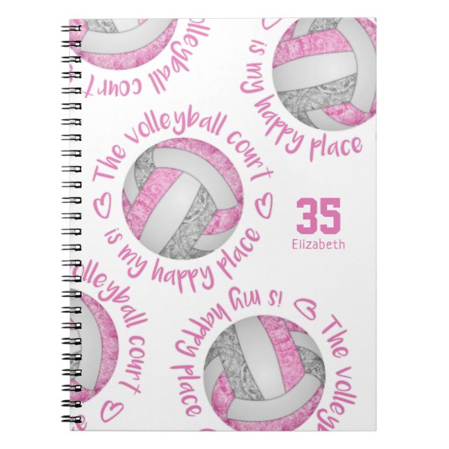 Cuaderno gris rosa La cancha de voleibol es mi lugar feliz (Frente)